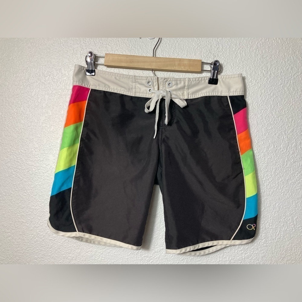 OP Ocean Pacific retro rainbow striped black Womens board shorts Small 3/5